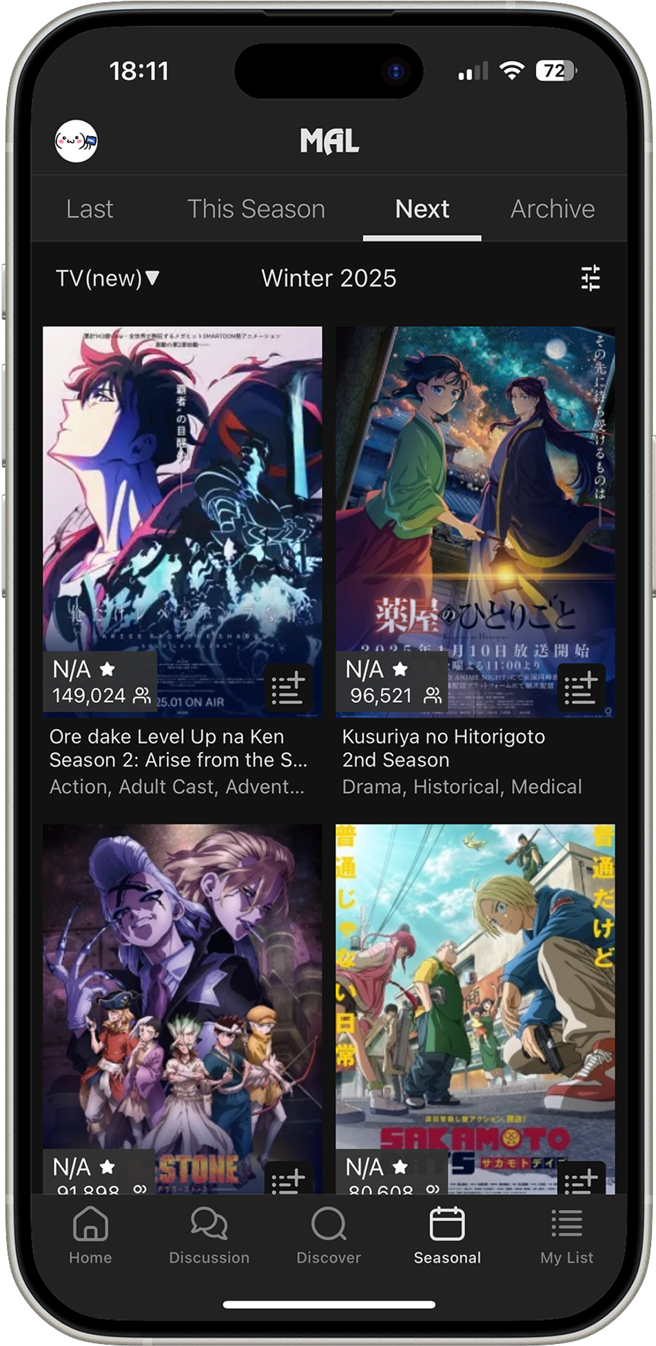 Current (old) seasonal anime view