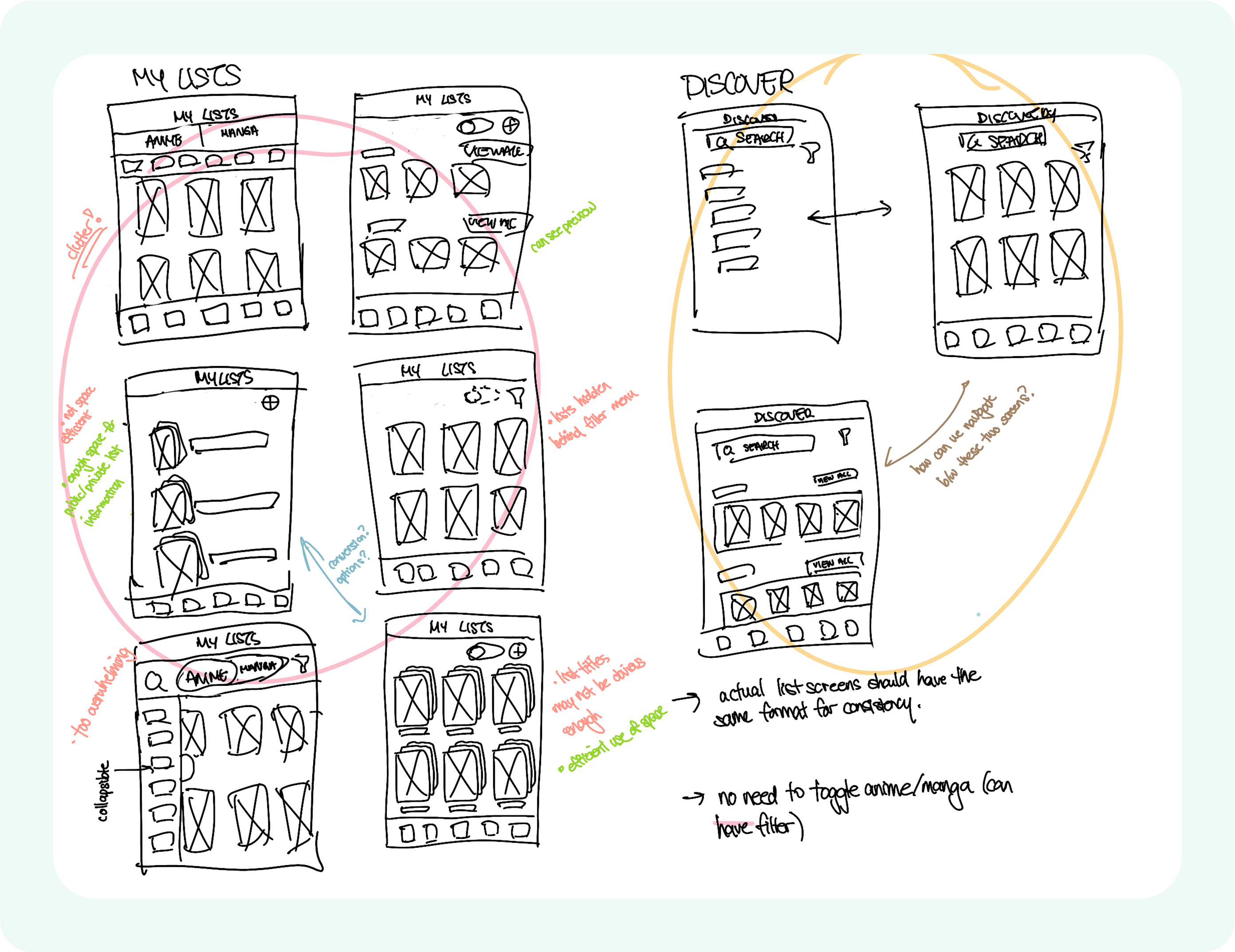 Wireframes for list MyLists and Discover screens