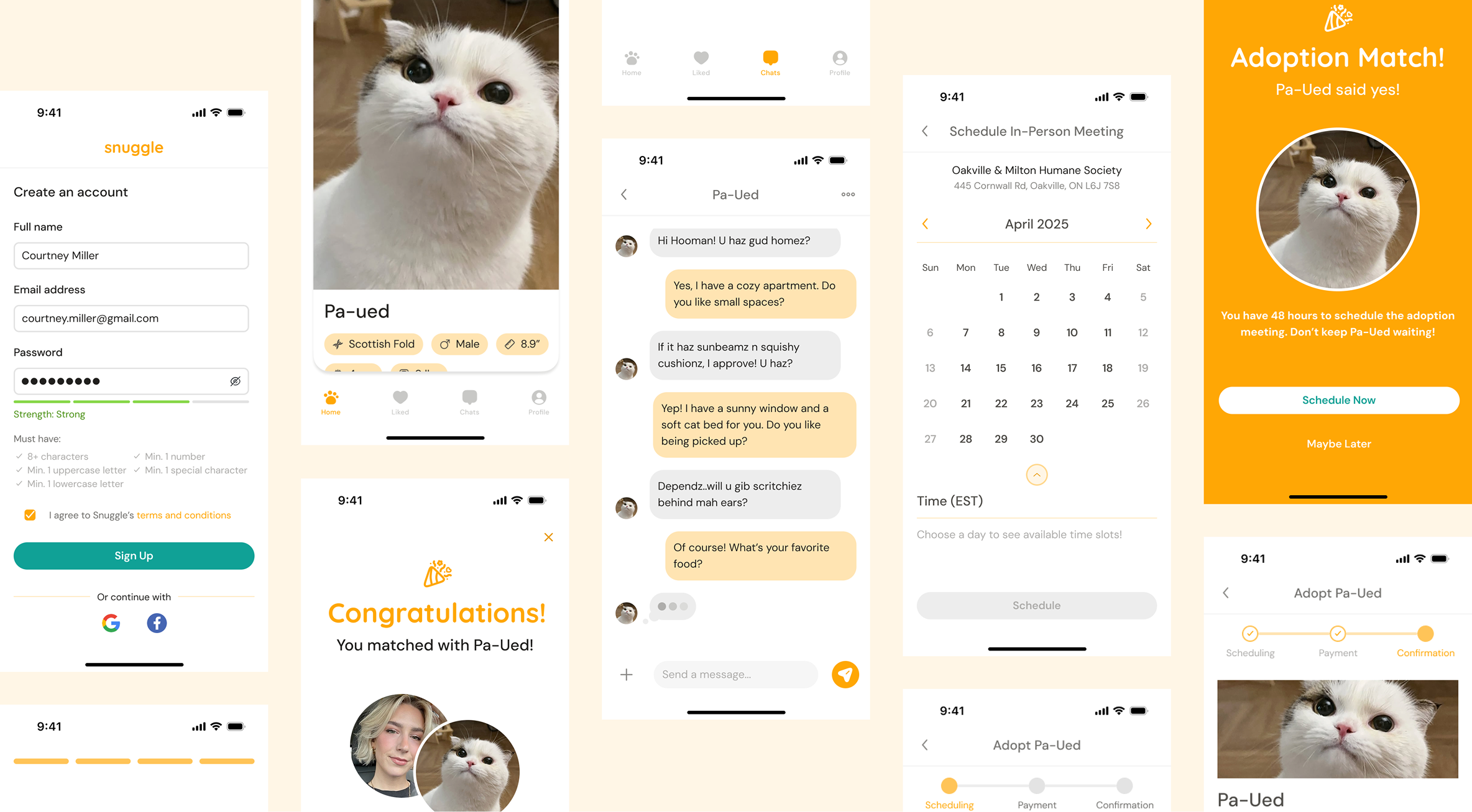 Sample screens for Snuggle project